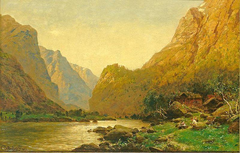 Carl jun. Oesterley Romantische Flusslandschaft mit Personenstaffage an einem prachtvollen Sommertag